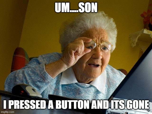 STOP PRESSING BUTTONS GRANDMA | UM....SON; I PRESSED A BUTTON AND ITS GONE | image tagged in memes,grandma finds the internet | made w/ Imgflip meme maker