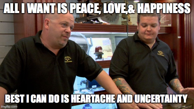 Pawn Stars Best I Can Do | ALL I WANT IS PEACE, LOVE,& HAPPINESS; BEST I CAN DO IS HEARTACHE AND UNCERTAINTY | image tagged in pawn stars best i can do | made w/ Imgflip meme maker
