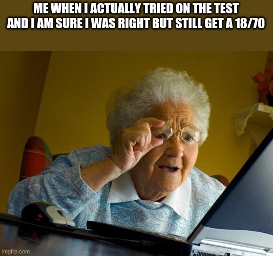 Grandma Finds The Internet | ME WHEN I ACTUALLY TRIED ON THE TEST AND I AM SURE I WAS RIGHT BUT STILL GET A 18/70 | image tagged in memes,grandma finds the internet | made w/ Imgflip meme maker