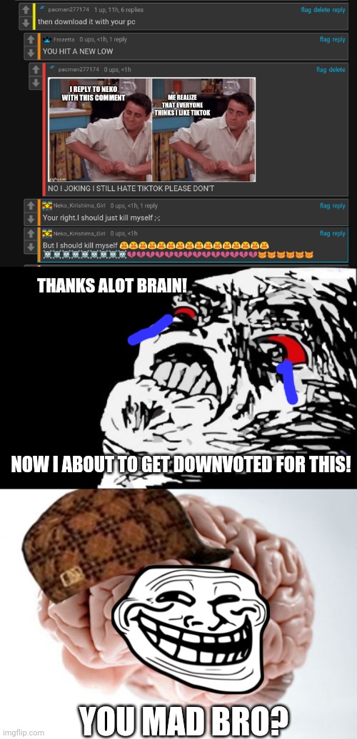 Got into the argument with the tiktoker until this comment |  THANKS ALOT BRAIN! NOW I ABOUT TO GET DOWNVOTED FOR THIS! YOU MAD BRO? | image tagged in memes,mega rage face,scumbag brain,argument,tik tok,sad | made w/ Imgflip meme maker