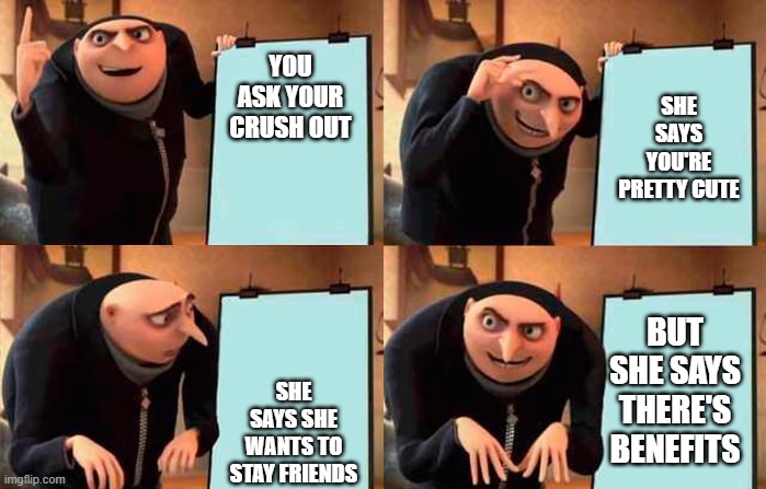 Gru slideshow meme (good end) | YOU ASK YOUR CRUSH OUT; SHE SAYS YOU'RE PRETTY CUTE; SHE SAYS SHE WANTS TO STAY FRIENDS; BUT SHE SAYS THERE'S BENEFITS | image tagged in gru's plan | made w/ Imgflip meme maker