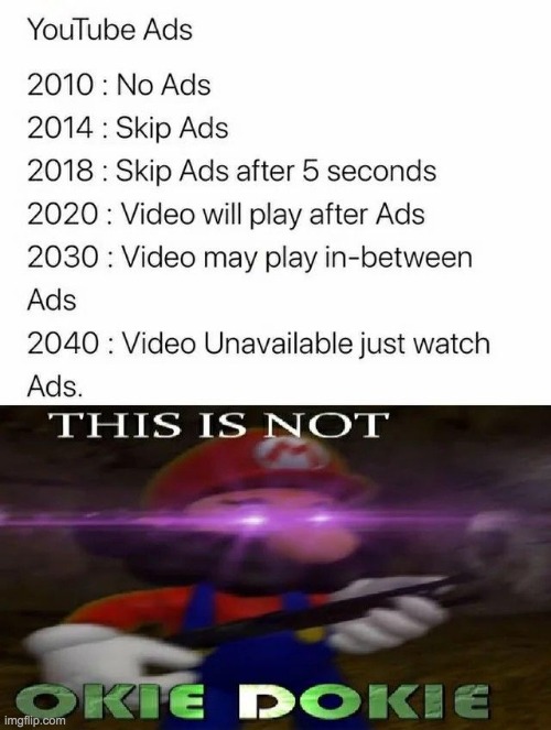 THIS IS NOT OKEY DOKIE | image tagged in mario,this is not okie dokie,youtube ads,memes | made w/ Imgflip meme maker