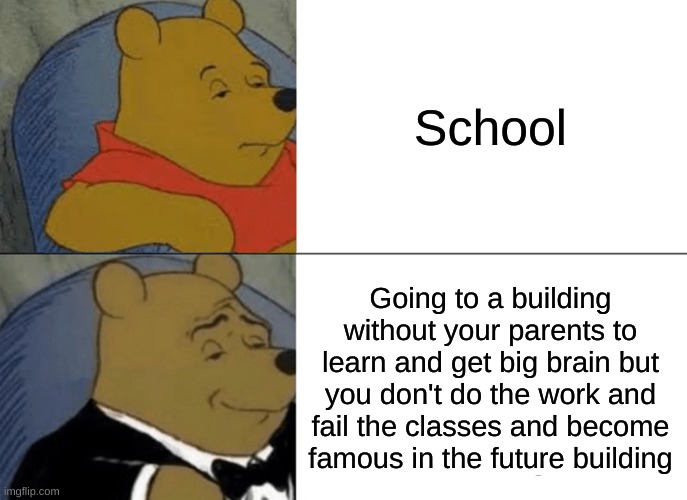 School for me in a nutshell | School; Going to a building without your parents to learn and get big brain but you don't do the work and fail the classes and become famous in the future building | image tagged in memes,tuxedo winnie the pooh | made w/ Imgflip meme maker