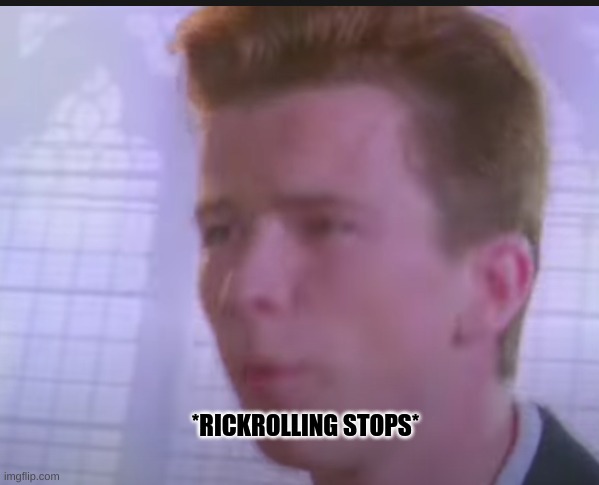 new template | *RICKROLLING STOPS* | image tagged in rickrolling stops | made w/ Imgflip meme maker