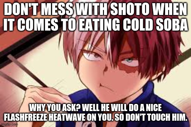 Shoto and soba | DON'T MESS WITH SHOTO WHEN IT COMES TO EATING COLD SOBA; WHY YOU ASK? WELL HE WILL DO A NICE FLASH FREEZE HEATWAVE ON YOU. SO DON'T TOUCH HIM. | image tagged in woof | made w/ Imgflip meme maker