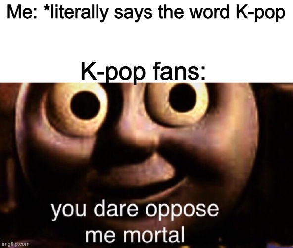 Its ok to like K-pop, just don't dedicate your entire lives to K-pop like their a god or something. Thank you for coming to my t | Me: *literally says the word K-pop; K-pop fans: | image tagged in you dare oppose me mortal | made w/ Imgflip meme maker