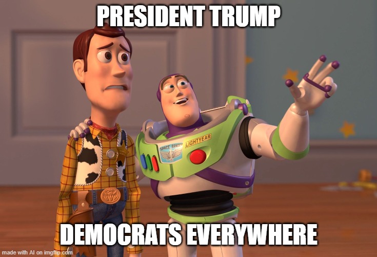 X, X Everywhere | PRESIDENT TRUMP; DEMOCRATS EVERYWHERE | image tagged in memes,x x everywhere | made w/ Imgflip meme maker