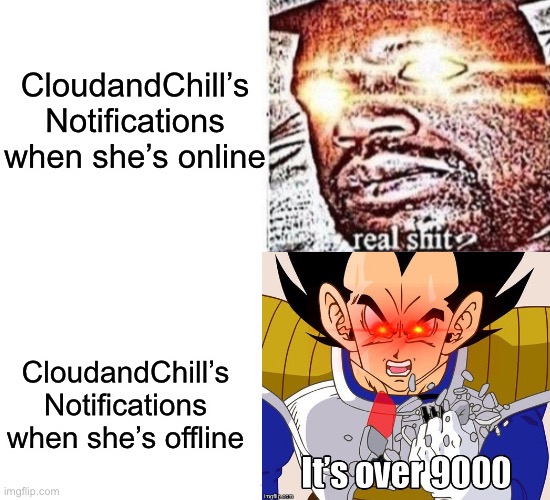 It’s tru | CloudandChill’s Notifications when she’s online; CloudandChill’s Notifications when she’s offline | image tagged in lol | made w/ Imgflip meme maker