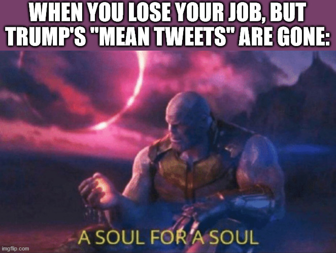 A soul for a soul | WHEN YOU LOSE YOUR JOB, BUT TRUMP'S "MEAN TWEETS" ARE GONE: | image tagged in a soul for a soul | made w/ Imgflip meme maker
