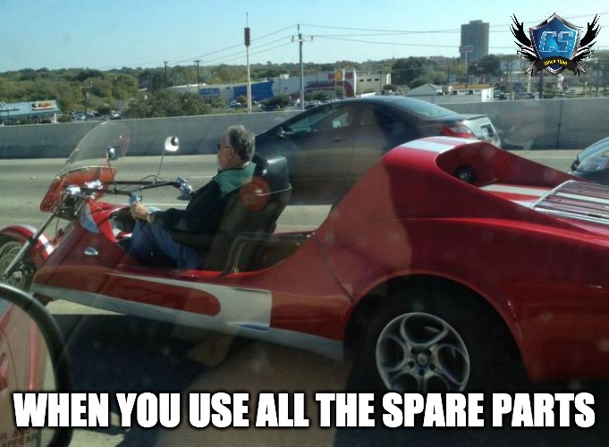 Corvette Trike | WHEN YOU USE ALL THE SPARE PARTS | image tagged in motorcycle | made w/ Imgflip meme maker