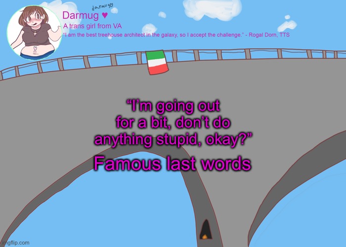 darmug's announcement template | “I’m going out for a bit, don’t do anything stupid, okay?”; Famous last words | image tagged in darmug's announcement template | made w/ Imgflip meme maker