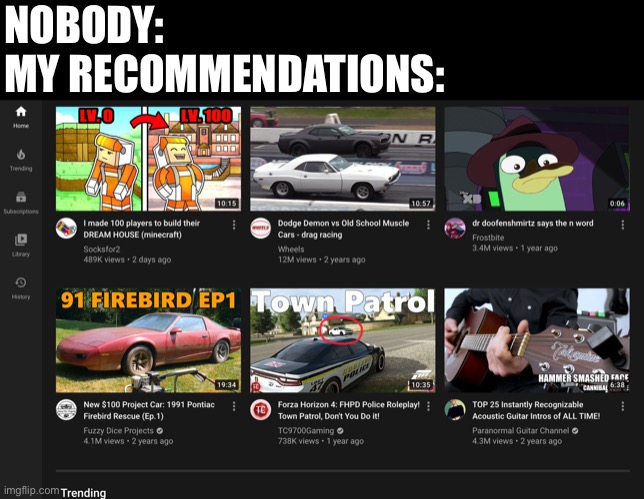 NOBODY:
MY RECOMMENDATIONS: | made w/ Imgflip meme maker