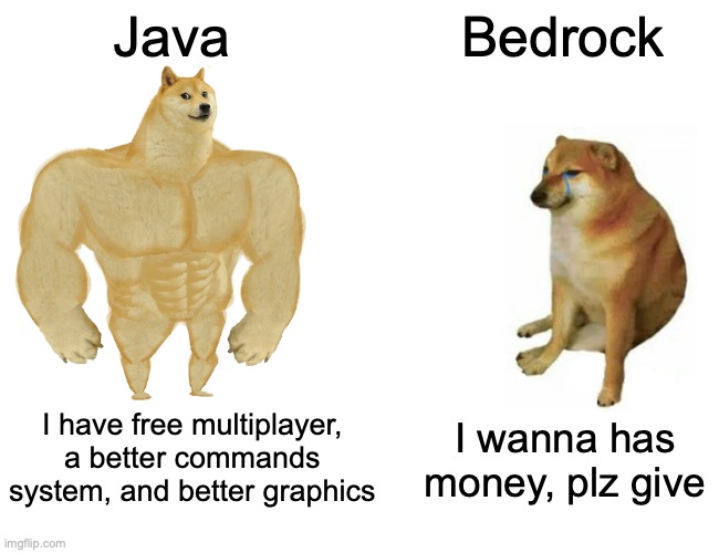 :) | Java; Bedrock; I have free multiplayer, a better commands system, and better graphics; I wanna has money, plz give | image tagged in memes,buff doge vs cheems,gaming,true,funny because it's true | made w/ Imgflip meme maker