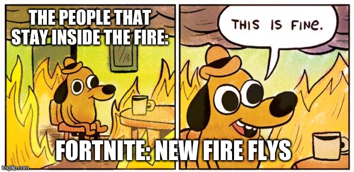 Fortnite | THE PEOPLE THAT STAY INSIDE THE FIRE:; FORTNITE: NEW FIRE FLYS | image tagged in memes,this is fine,fortnite | made w/ Imgflip meme maker