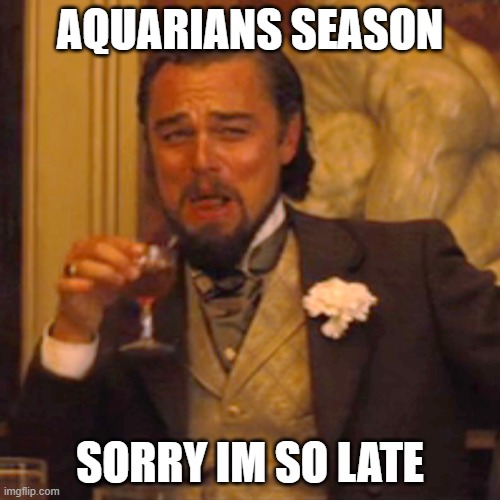 Laughing Leo | AQUARIANS SEASON; SORRY IM SO LATE | image tagged in memes,laughing leo | made w/ Imgflip meme maker