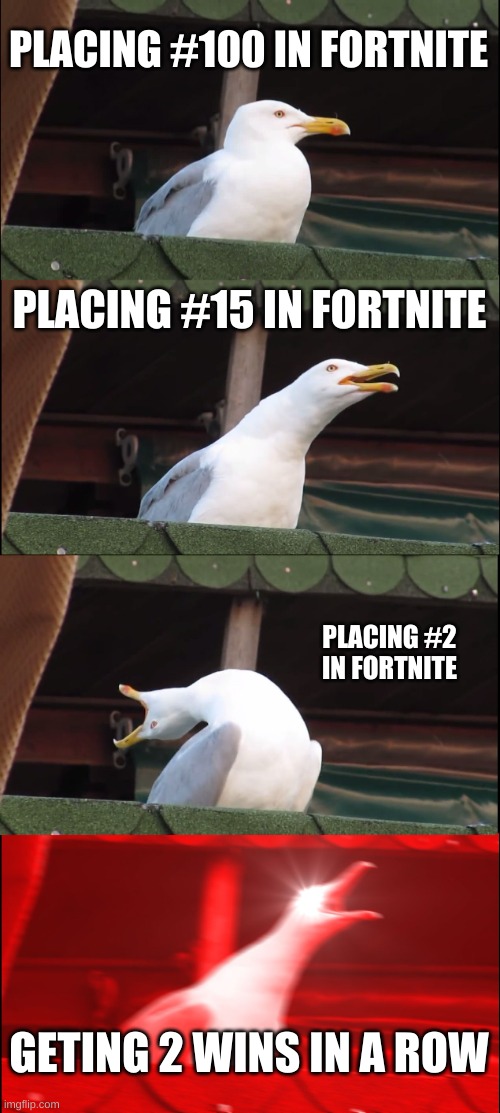 LOL fortnite these days | PLACING #100 IN FORTNITE; PLACING #15 IN FORTNITE; PLACING #2 IN FORTNITE; GETING 2 WINS IN A ROW | image tagged in memes,inhaling seagull | made w/ Imgflip meme maker