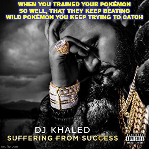 all the time | WHEN YOU TRAINED YOUR POKÉMON SO WELL, THAT THEY KEEP BEATING WILD POKÉMON YOU KEEP TRYING TO CATCH | image tagged in dj khaled suffering from success meme,pokemon,funny,memes | made w/ Imgflip meme maker