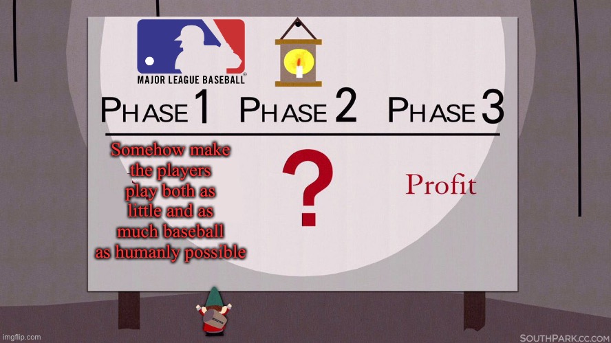 This just in:  MLBPA rejects MLB’s universal DH and expanded playoffs proposal. | Somehow make the players play both as little and as much baseball as humanly possible | image tagged in south park underpants gnomes,mlb,baseball,union,playoffs | made w/ Imgflip meme maker