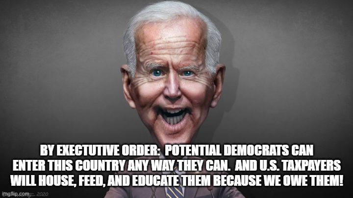 BY EXECTUTIVE ORDER:  POTENTIAL DEMOCRATS CAN ENTER THIS COUNTRY ANY WAY THEY CAN.  AND U.S. TAXPAYERS WILL HOUSE, FEED, AND EDUCATE THEM BE | made w/ Imgflip meme maker