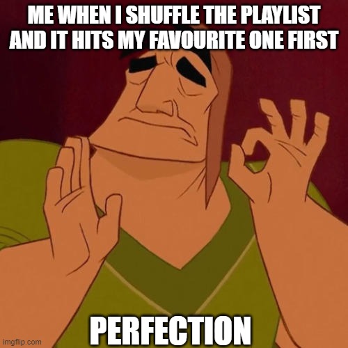 When X just right | ME WHEN I SHUFFLE THE PLAYLIST AND IT HITS MY FAVOURITE ONE FIRST; PERFECTION | image tagged in when x just right | made w/ Imgflip meme maker