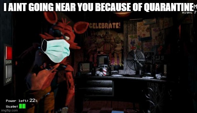 foxy is not dumb | I AINT GOING NEAR YOU BECAUSE OF QUARANTINE | image tagged in foxy five nights at freddy's | made w/ Imgflip meme maker