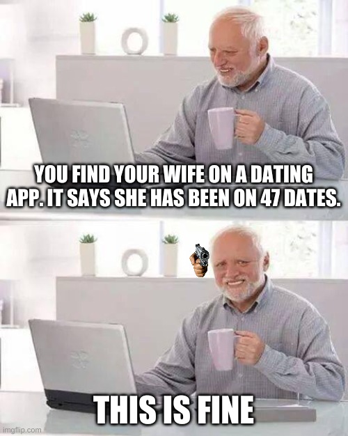HIDE THE PAIN | YOU FIND YOUR WIFE ON A DATING APP. IT SAYS SHE HAS BEEN ON 47 DATES. THIS IS FINE | image tagged in memes,hide the pain harold | made w/ Imgflip meme maker