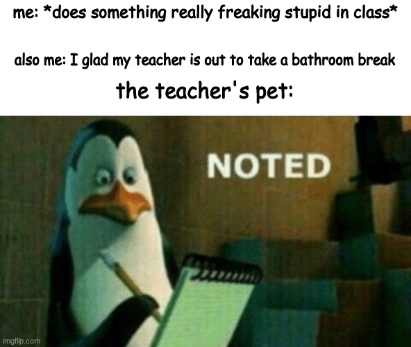 I'm glad Zoom classes don't have teacher  pets. | me: *does something really freaking stupid in class*; also me: I glad my teacher is out to take a bathroom break; the teacher's pet: | image tagged in reeeeeeeeeeeeeeeeeeeeee | made w/ Imgflip meme maker