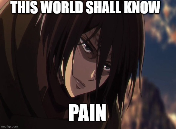 Mikasa | THIS WORLD SHALL KNOW; PAIN | image tagged in aot memes | made w/ Imgflip meme maker