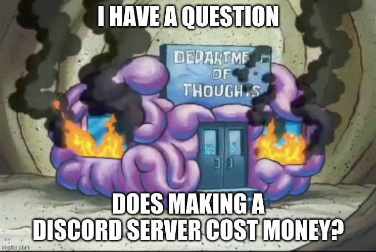 Brain Fire | I HAVE A QUESTION; DOES MAKING A DISCORD SERVER COST MONEY? | image tagged in brain fire | made w/ Imgflip meme maker