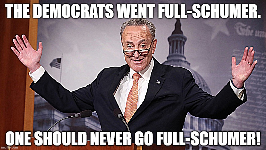 THE DEMOCRATS WENT FULL-SCHUMER. ONE SHOULD NEVER GO FULL-SCHUMER! | made w/ Imgflip meme maker