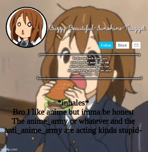 Yui temp | *inhales*
Bro I like anime but imma be honest
The anime_army or whatever and the anti_anime_army are acting kinda stupid- | image tagged in yui temp | made w/ Imgflip meme maker