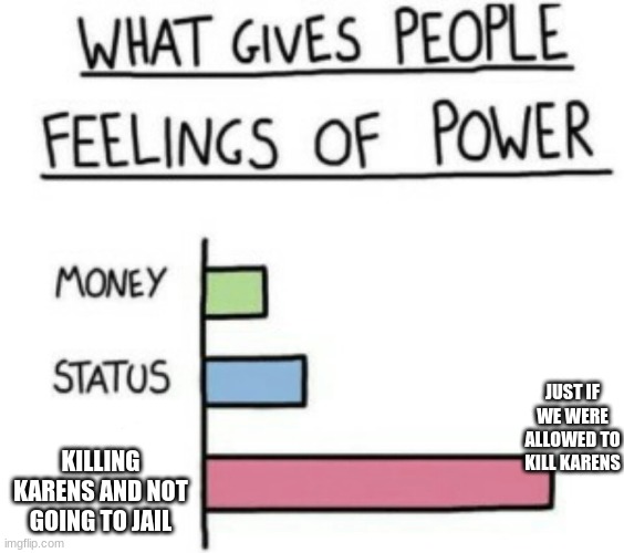 What Gives People Feelings of Power | JUST IF WE WERE ALLOWED TO KILL KARENS; KILLING KARENS AND NOT GOING TO JAIL | image tagged in what gives people feelings of power | made w/ Imgflip meme maker