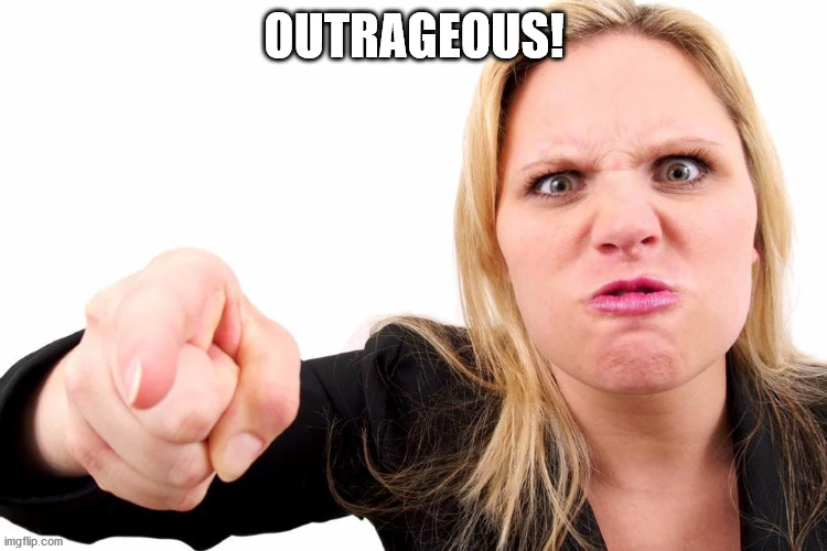 Offended woman | OUTRAGEOUS! | image tagged in offended woman | made w/ Imgflip meme maker