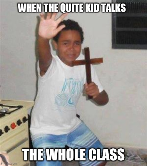 Scared Kid | WHEN THE QUITE KID TALKS; THE WHOLE CLASS | image tagged in scared kid | made w/ Imgflip meme maker