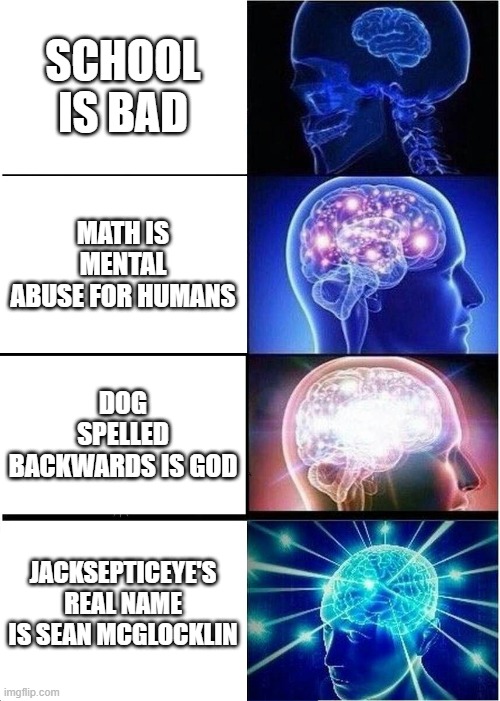 the smartest thing to ever know | SCHOOL IS BAD; MATH IS MENTAL ABUSE FOR HUMANS; DOG SPELLED BACKWARDS IS GOD; JACKSEPTICEYE'S REAL NAME IS SEAN MCGLOCKLIN | image tagged in memes,expanding brain | made w/ Imgflip meme maker