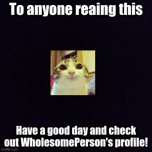 :D | To anyone reaing this; Have a good day and check out WholesomePerson's profile! | image tagged in black screen,cats | made w/ Imgflip meme maker