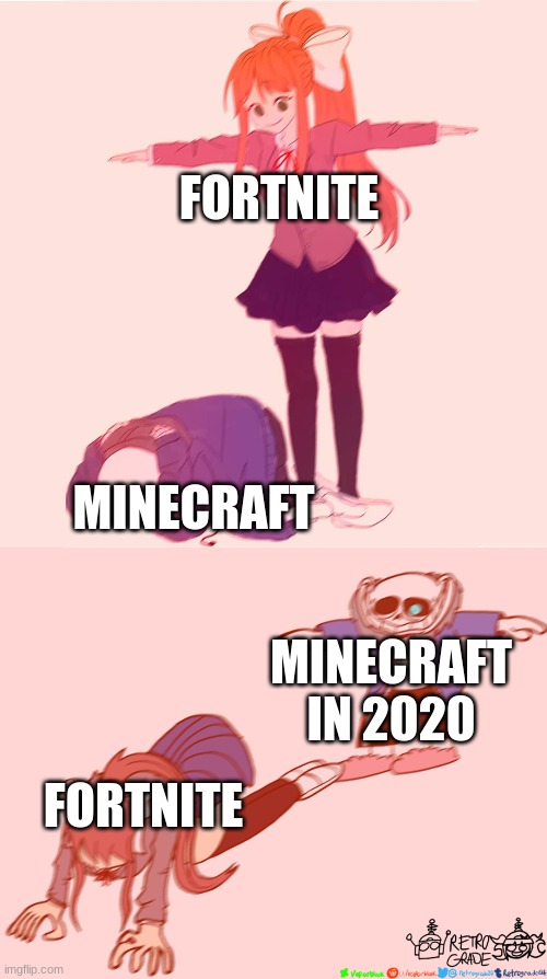 THE CIRCLE OF LIFE | FORTNITE; MINECRAFT; MINECRAFT IN 2020; FORTNITE | image tagged in monika t-posing on sans,sans t-posing on monika | made w/ Imgflip meme maker