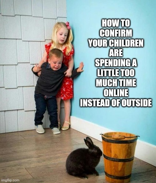 The online generation....its not necessarily as great as you think. | HOW TO CONFIRM YOUR CHILDREN ARE SPENDING A LITTLE TOO MUCH TIME ONLINE INSTEAD OF OUTSIDE | image tagged in children scared of rabbit,online,outdoors | made w/ Imgflip meme maker