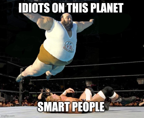 Fat wrestler | IDIOTS ON THIS PLANET; SMART PEOPLE | image tagged in fat wrestler | made w/ Imgflip meme maker