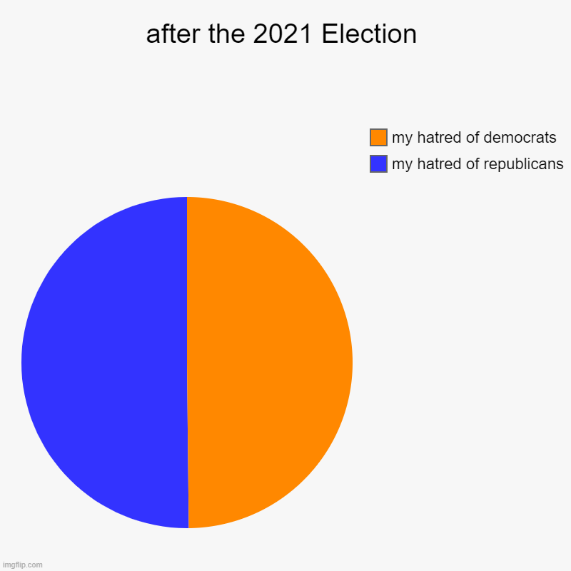 after the 2021 Election | my hatred of republicans, my hatred of democrats | image tagged in charts,pie charts | made w/ Imgflip chart maker