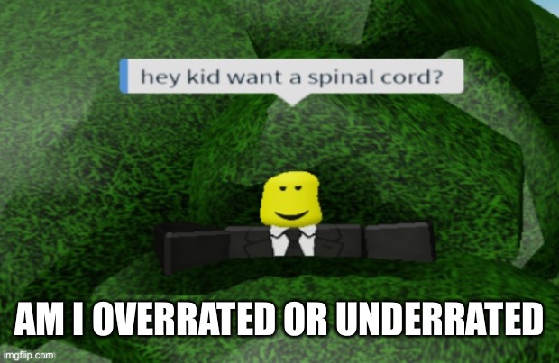 (yes this is one of my old templates) | AM I OVERRATED OR UNDERRATED | image tagged in want some spinal cord | made w/ Imgflip meme maker