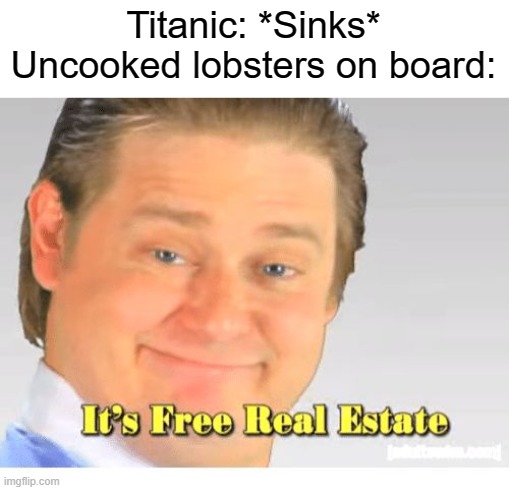 Be free my lobsters | Titanic: *Sinks*
Uncooked lobsters on board: | image tagged in it's free real estate,titanic,lobster,funny memes,gifs | made w/ Imgflip meme maker