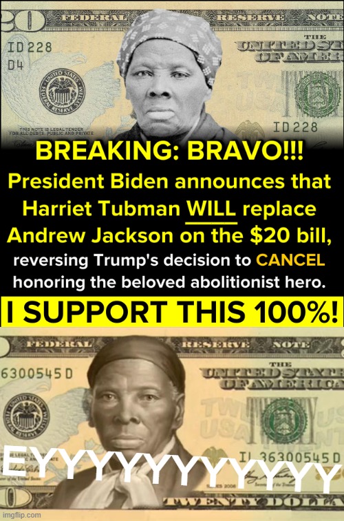First Biden removes Trump's portrait of Jackson from the Oval Office, now this. Noice. #Cancelled! | EYYYYYYYYYYY | image tagged in harriet tubman 20 bill,harriet tubman,andrew jackson,no racism,slavery,racism | made w/ Imgflip meme maker