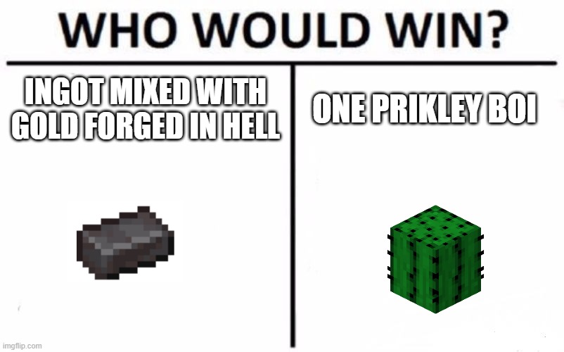 Who Would Win? Meme | INGOT MIXED WITH GOLD FORGED IN HELL; ONE PRIKLEY BOI | image tagged in memes,who would win | made w/ Imgflip meme maker
