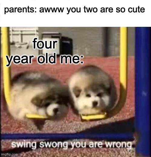 SWING SWONG YOU ARE WRONG | parents: awww you two are so cute; four year old me: | image tagged in swing swong you are wrong | made w/ Imgflip meme maker