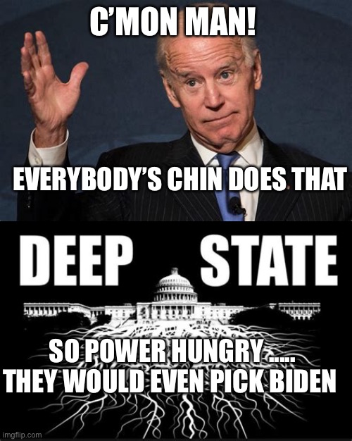 Deep State is unscrupulous | C’MON MAN! EVERYBODY’S CHIN DOES THAT; SO POWER HUNGRY .....
THEY WOULD EVEN PICK BIDEN | image tagged in biden s chin,biden,deep state,puppet | made w/ Imgflip meme maker