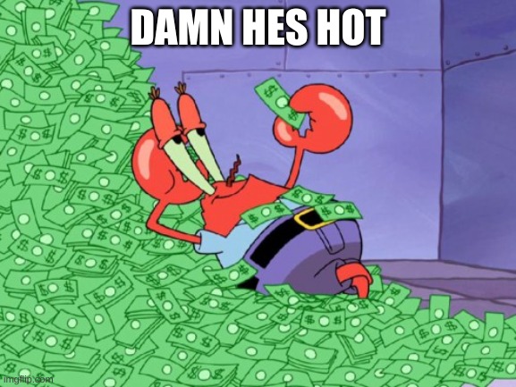 mr krabs money | DAMN HES HOT | image tagged in mr krabs money | made w/ Imgflip meme maker