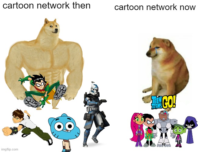 you have not aged well at all | cartoon network then; cartoon network now | image tagged in memes,buff doge vs cheems,cartoon network,funny | made w/ Imgflip meme maker