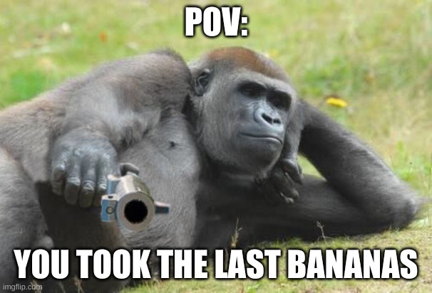 welp- | POV:; YOU TOOK THE LAST BANANAS | image tagged in memes,funny,gorilla,guns,banana | made w/ Imgflip meme maker
