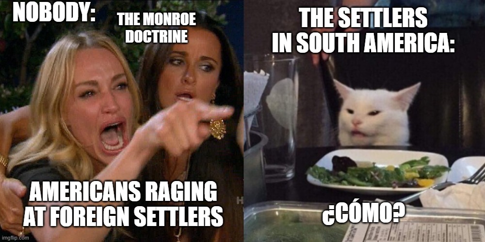 Woman yelling at cat | NOBODY:; THE SETTLERS IN SOUTH AMERICA:; THE MONROE DOCTRINE; AMERICANS RAGING AT FOREIGN SETTLERS; ¿CÓMO? | image tagged in woman yelling at cat | made w/ Imgflip meme maker